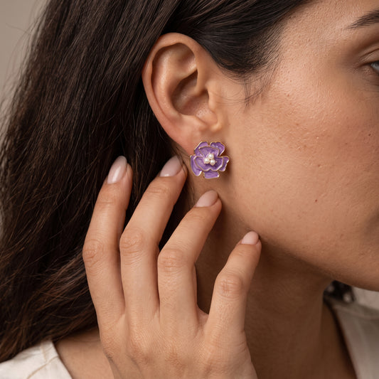 Lilac Bloom – Enamel Pearl Flower Studs