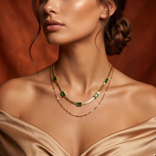 Emerald Poise – Dual Chain Green Stone Necklace