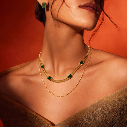 Emerald Poise – Dual Chain Green Stone Necklace