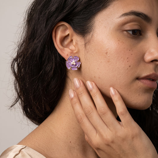 Lilac Bloom – Enamel Pearl Flower Studs