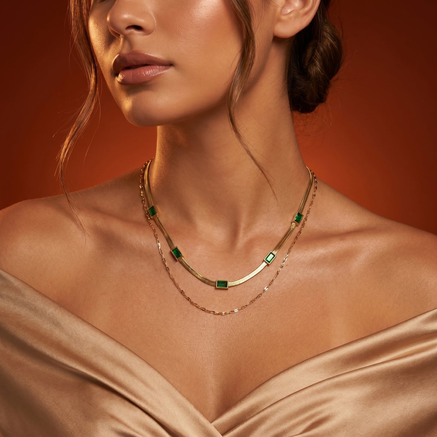Emerald Poise – Dual Chain Green Stone Necklace