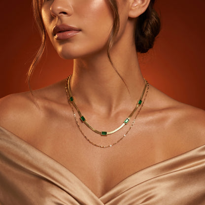 Emerald Poise – Dual Chain Green Stone Necklace