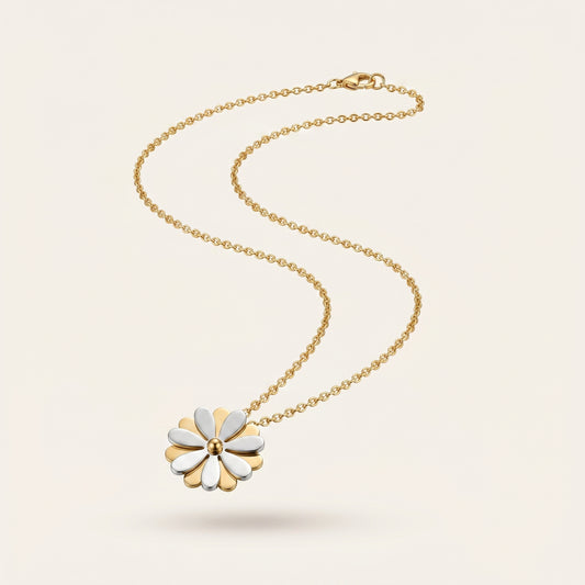 Golden Whirl – Rotating Daisy Pendant Necklace